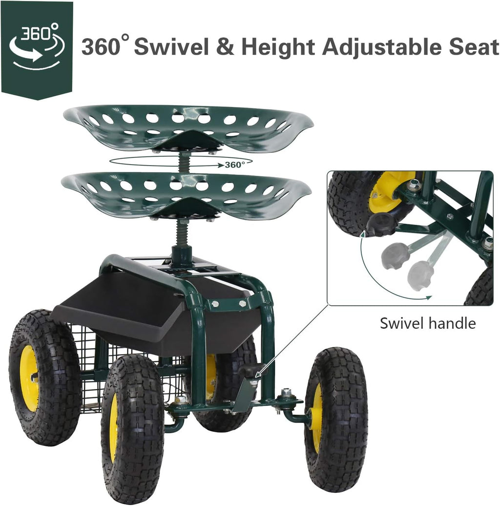 Rolling Garden Stool Cart with Tool Storage Utility Basket T282