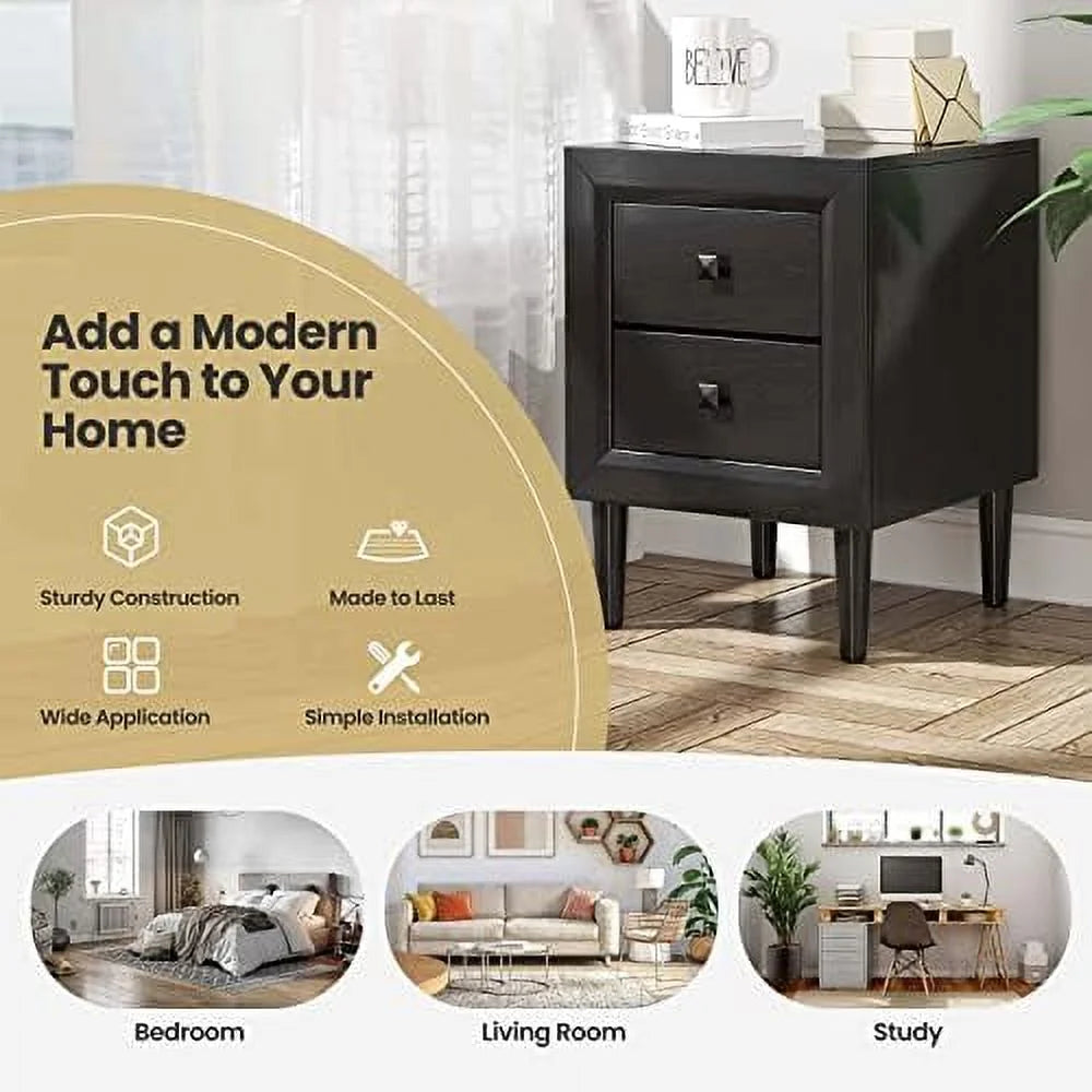 Fully-Assembled 2-Drawer Grey Nightstand with Solid Wood Legs B315