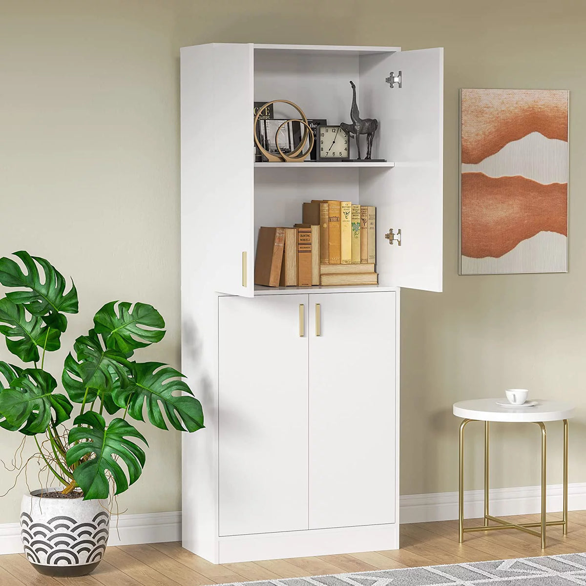 71" Tall White Freestanding Pantry Cabinet with Adjustable Shelves W300