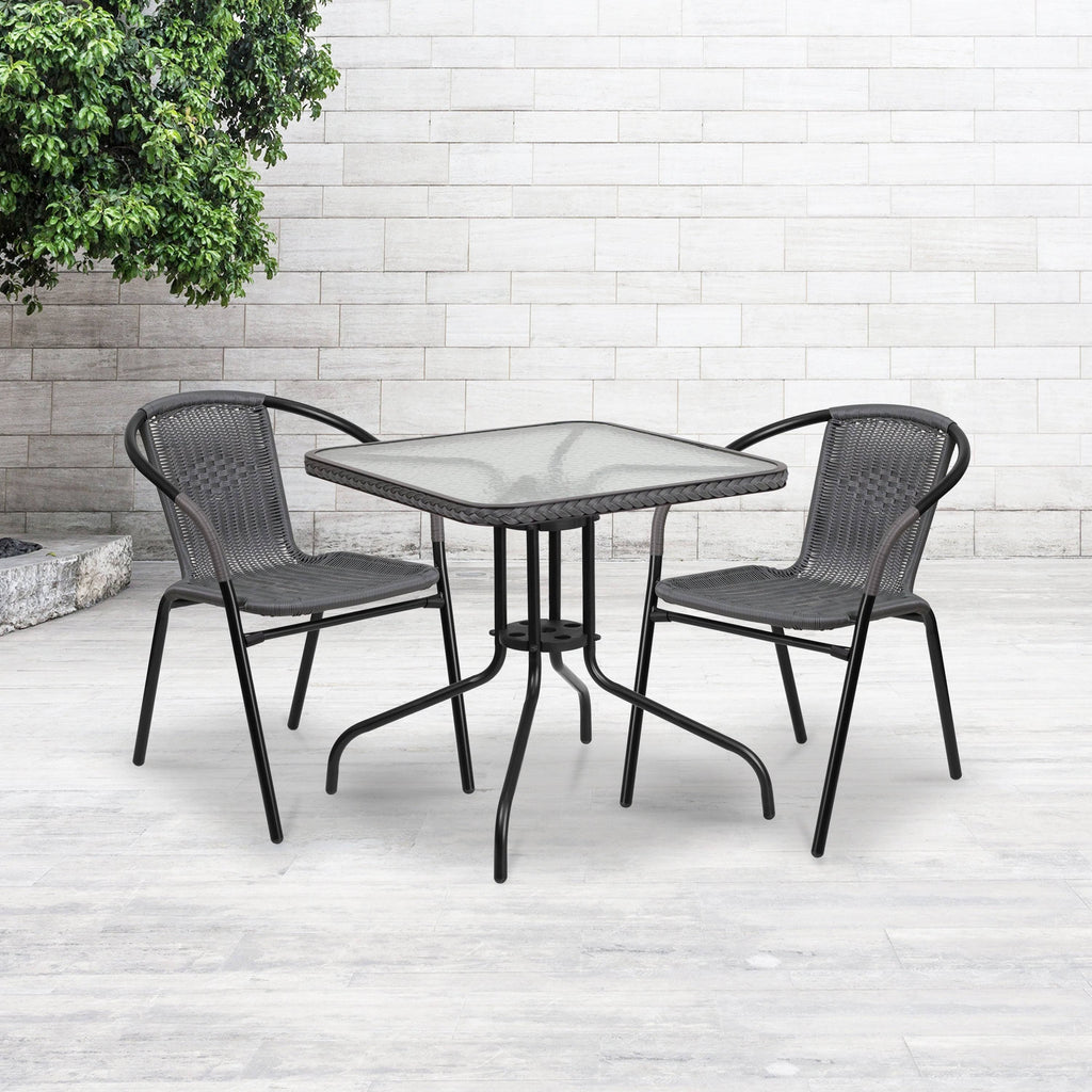 Black Gray Tempered Glass Metal Table with Rattan Edging A17132