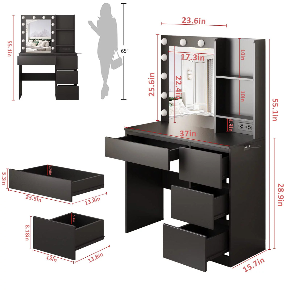 Black 4 Drawer Makeup Vanity Table G228