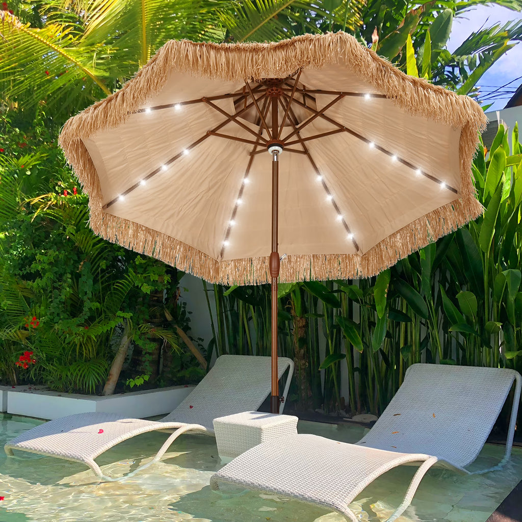 9FT Double Tiers Solar LED Thatched Tiki Umbrella D8958