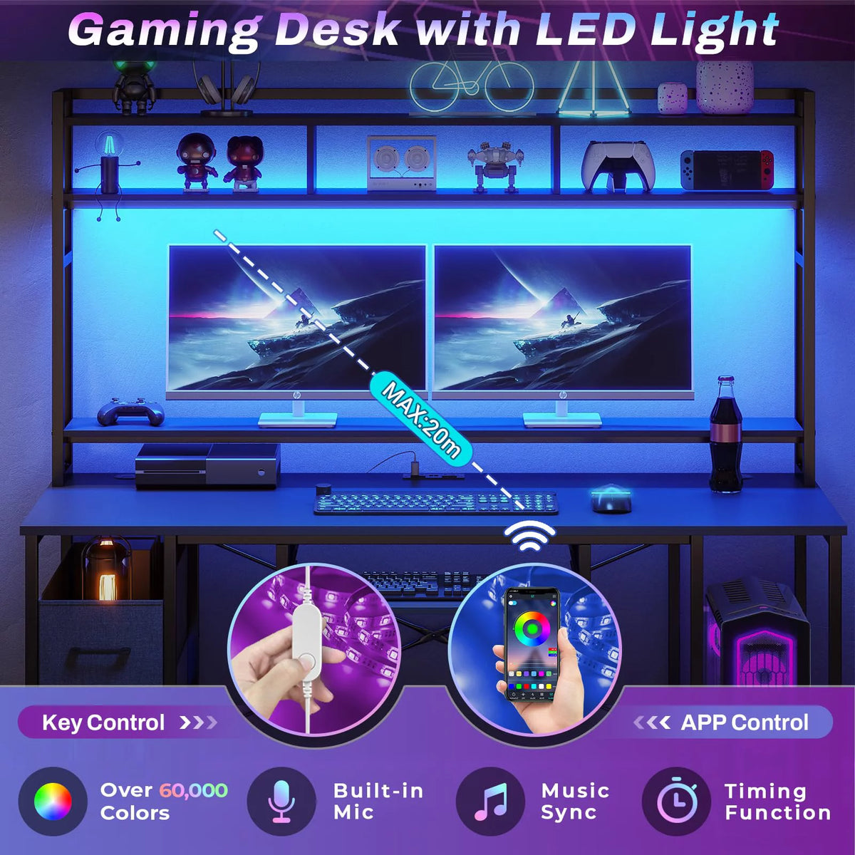 Black 55" Gaming Desk with Drawer and Monitor Stand L543
