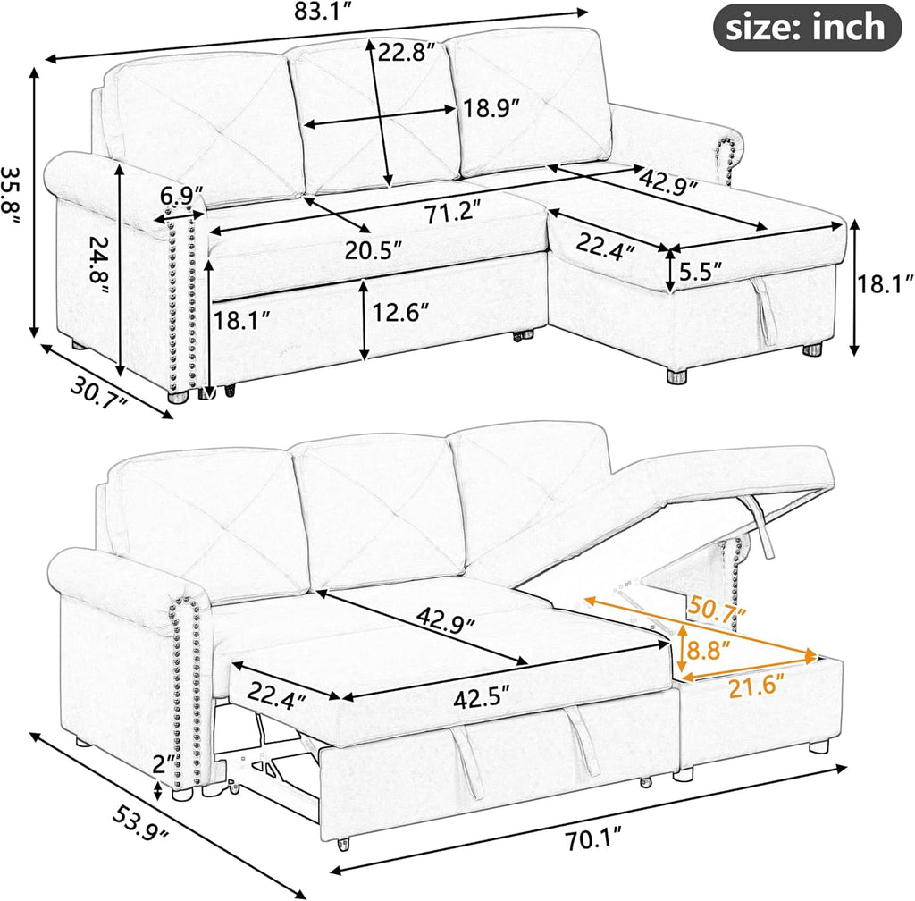 Gray Modular Convertible Sleeper Sofa Bed with Storage Chaise M41584