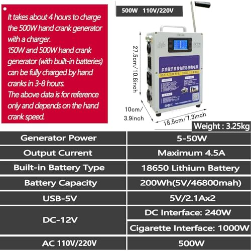 500W Hand Crank Generator with Outlets DC/USB Supply P795106