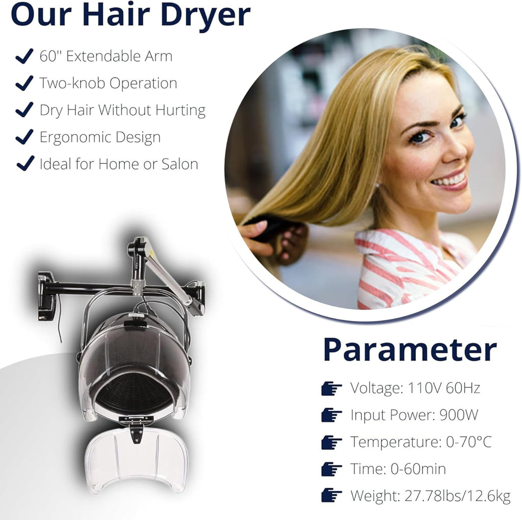 Retractable Wall Mounted Hair Hood Dryer with Flexible Swivel Arm Q859788