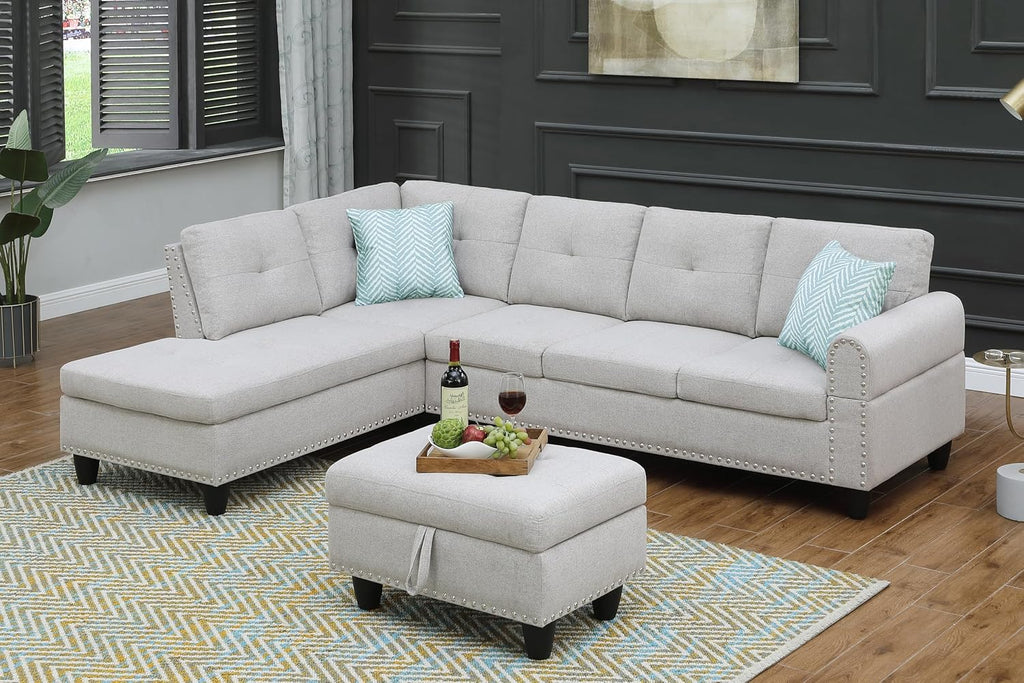 Light Gray L-Shaped Upholstered Sofa & Chaise with Storage Ottoman and Cup Holders D279