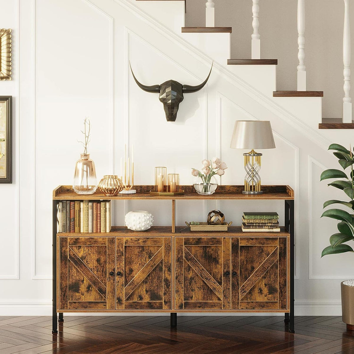 Rustic Brown Console Table with Cabinet and Open Shelf Y314051