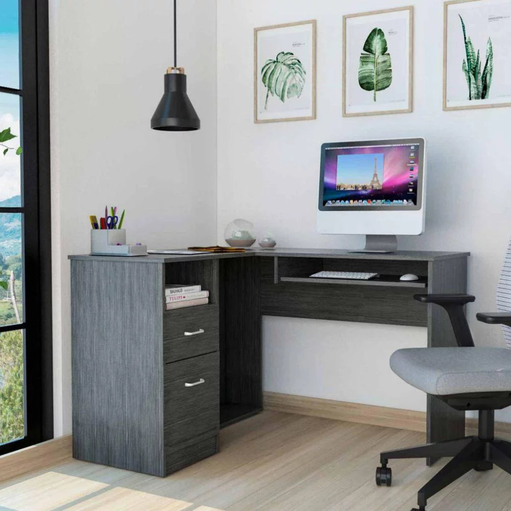 L-Shaped Desk with Keyboard Shelf Smokey Oak Finish R990
