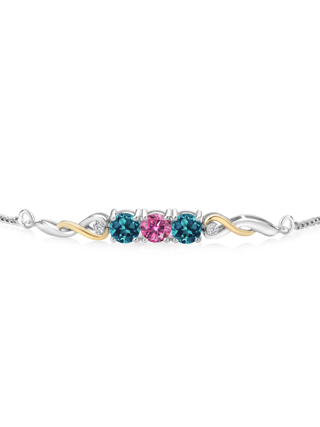 925 Sterling Silver 10K Yellow Gold Pink Moissanite London Blue Topaz White Lab Grown Diamond Tennis Bracelet W28372