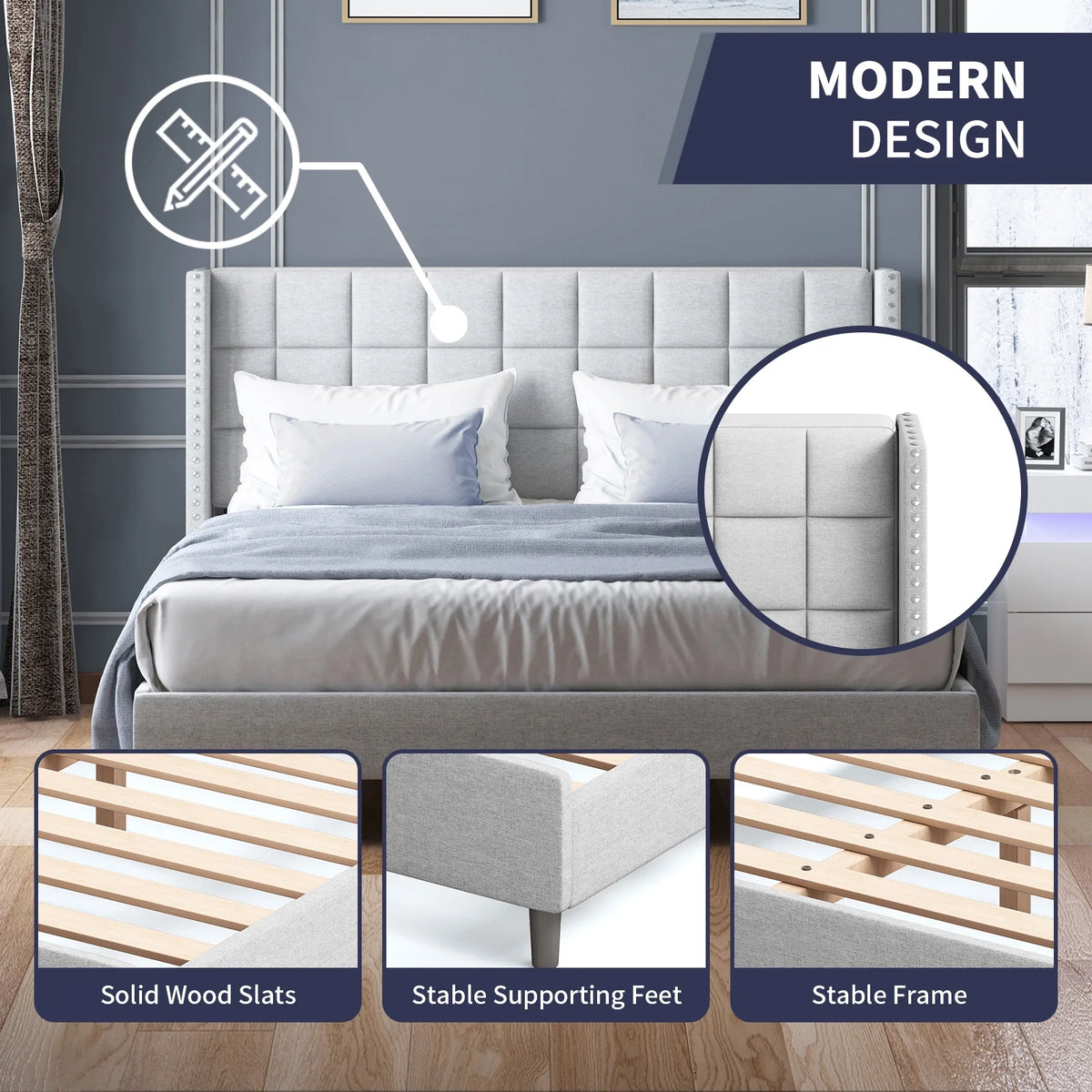 Queen Size Velvet Bed Frame with Wingback Headboard X48457