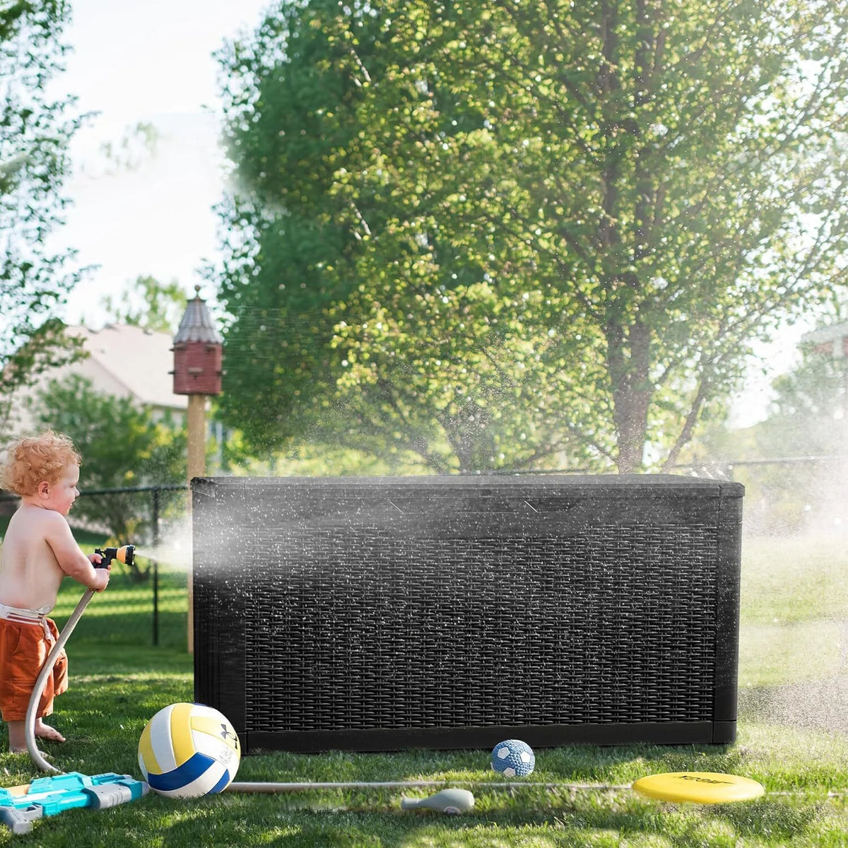 100 Gallon Waterproof Rattan Resin Outdoor Storage Deck Box with Divider W5384