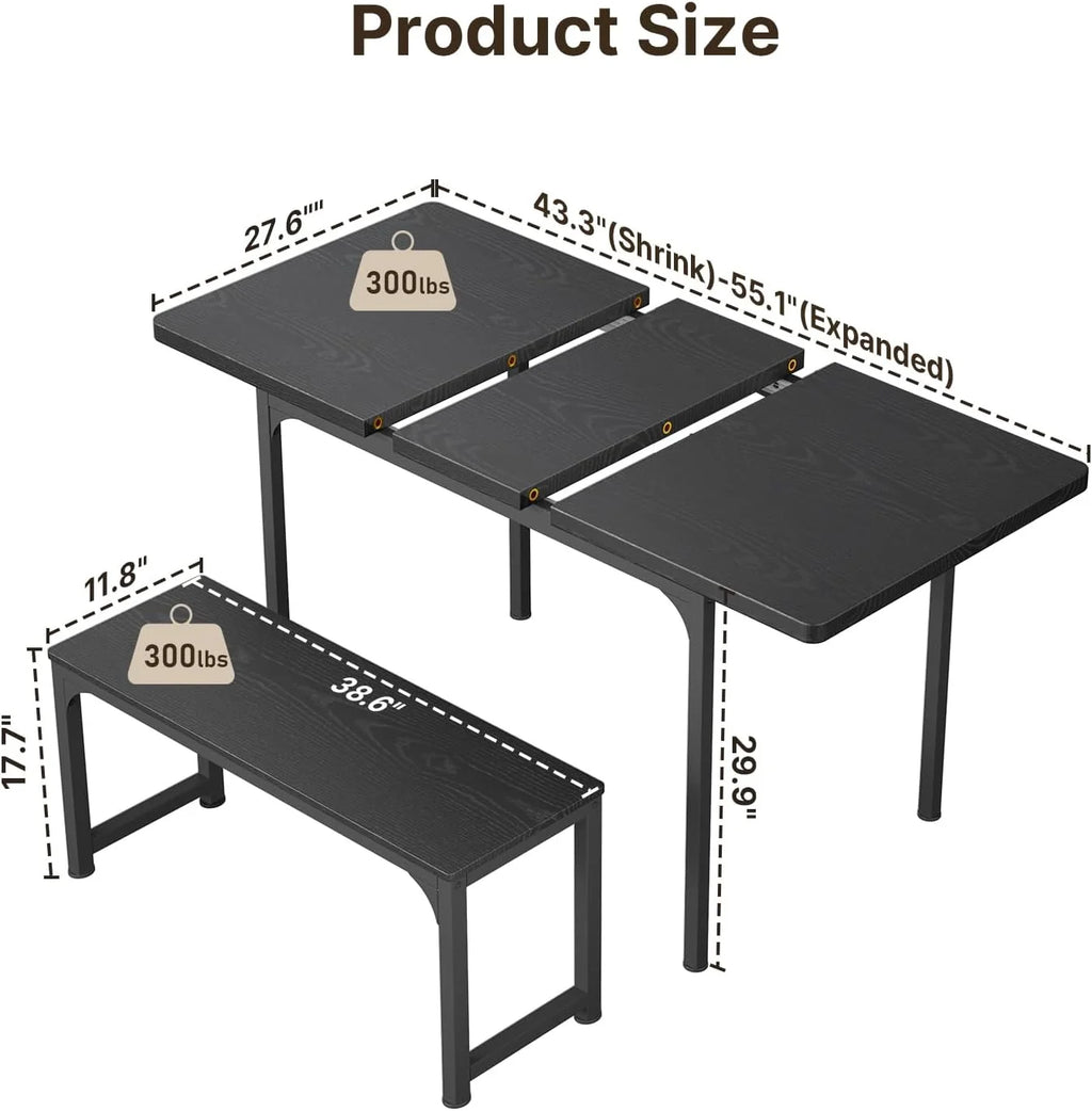 Black Extendable Dining Table Set with 2 Benches K99149