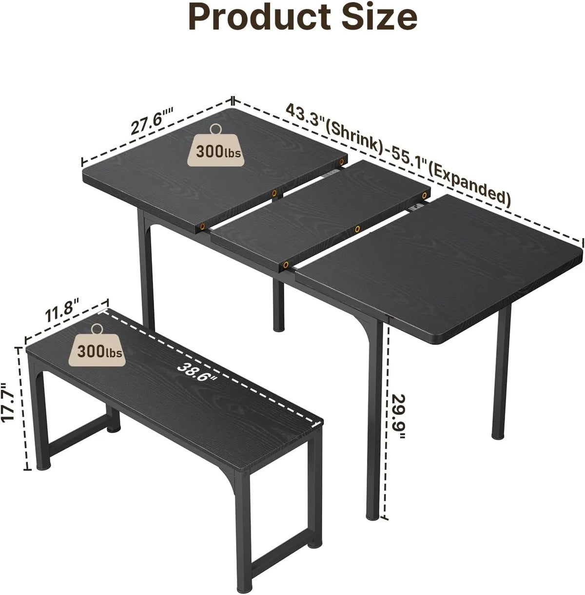 Black Extendable Dining Table Set with 2 Benches K99149