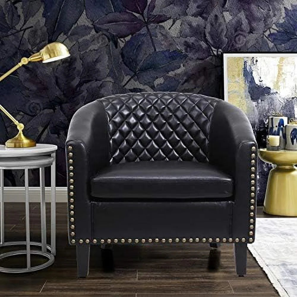 Brown Leather Tufted Barrel Chair with Wood Legs Z9593