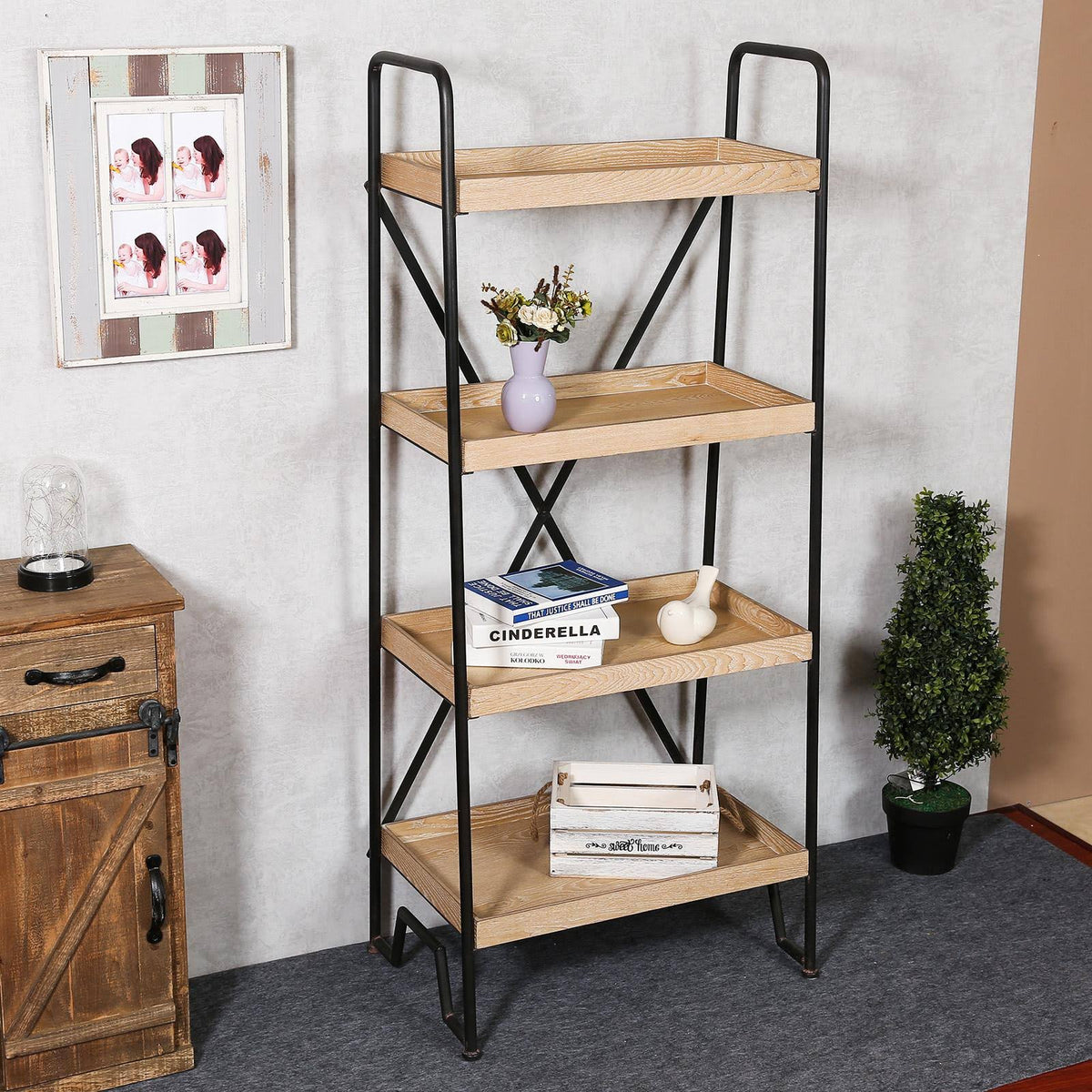 63in. H Wood and Metal Etagere Bookcase D242