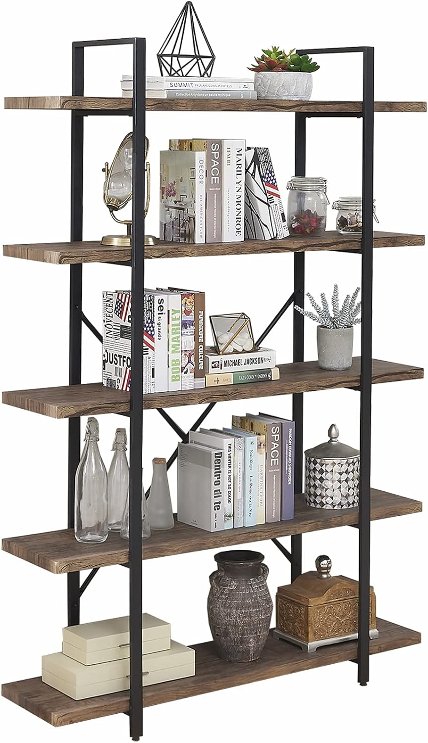 Rustic Brown 5-Shelf Industrial Bookshelf with Metal Frame S372402