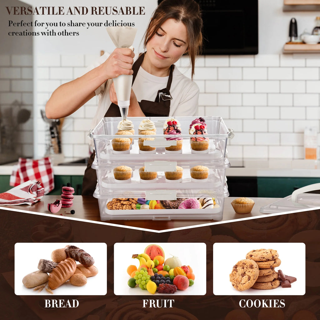 3-Tiers Cupcake Carrier White with Lid And Handle D827
