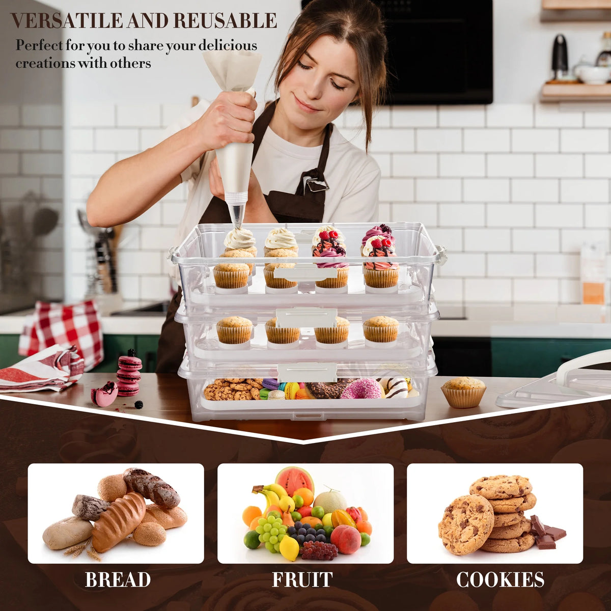 3-Tiers Cupcake Carrier White with Lid And Handle D827