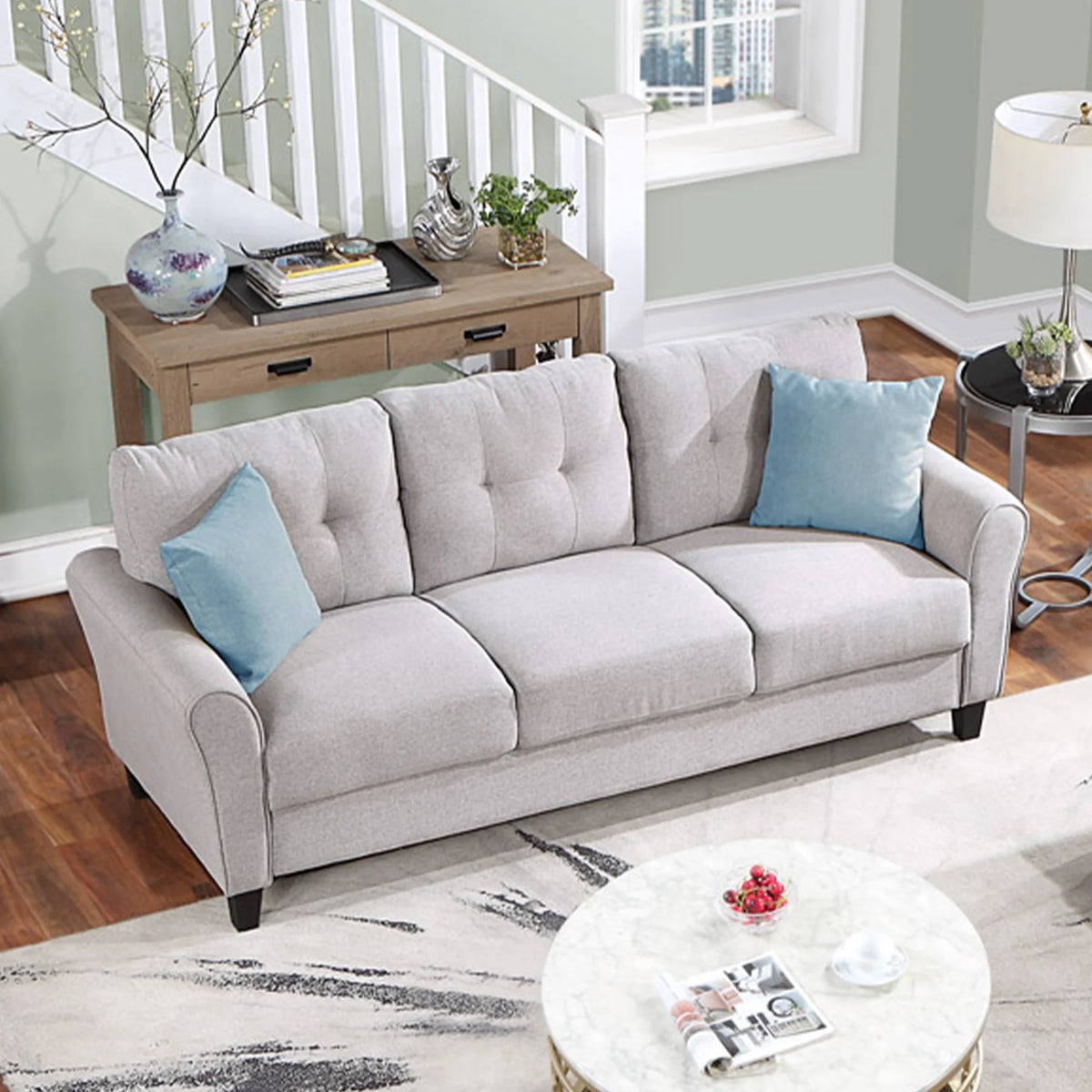 Light Grey Linen 3-Seat Sofa V785185