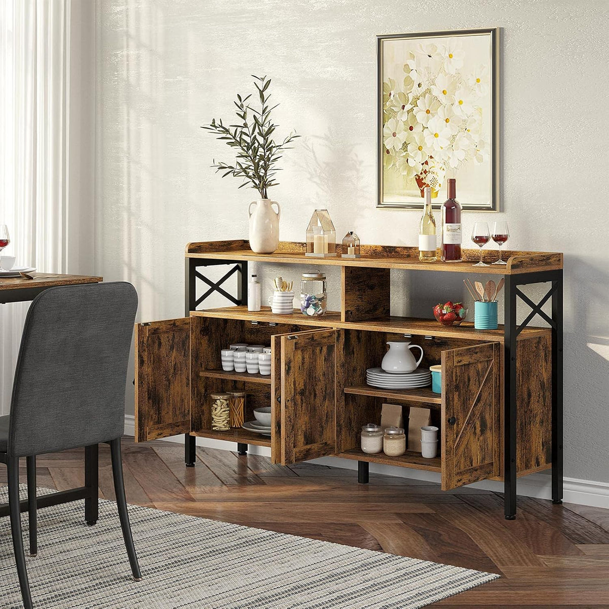 Rustic Brown Console Table with Cabinet and Open Shelf Y314051