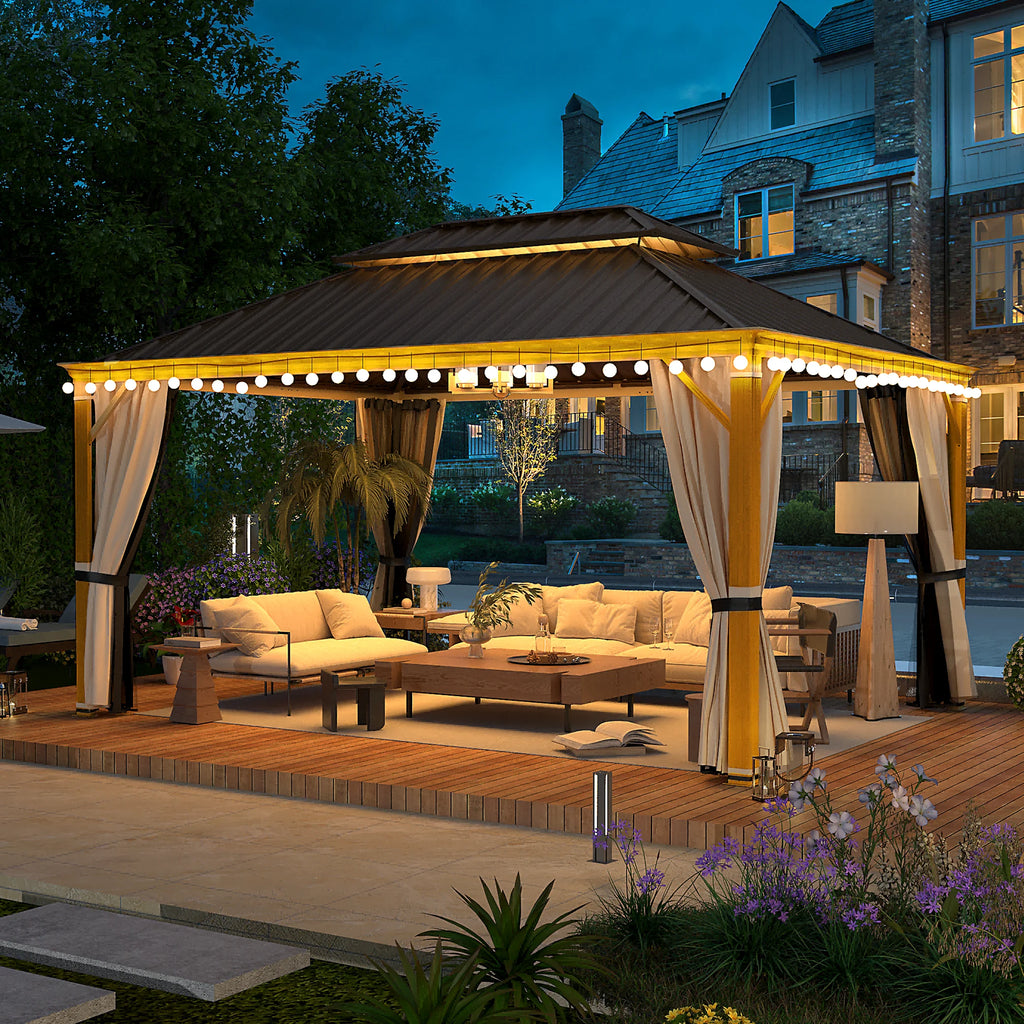 Brown Steel Frame Hardtop Gazebo with Curtains and Netting U677