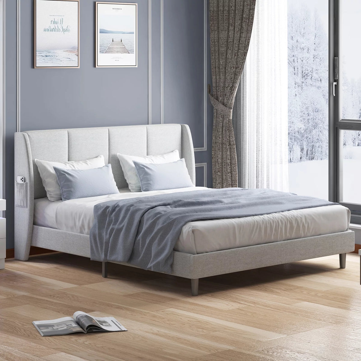 Full Size Beige Platform Bed Frame with 2 Side Pockets X6421