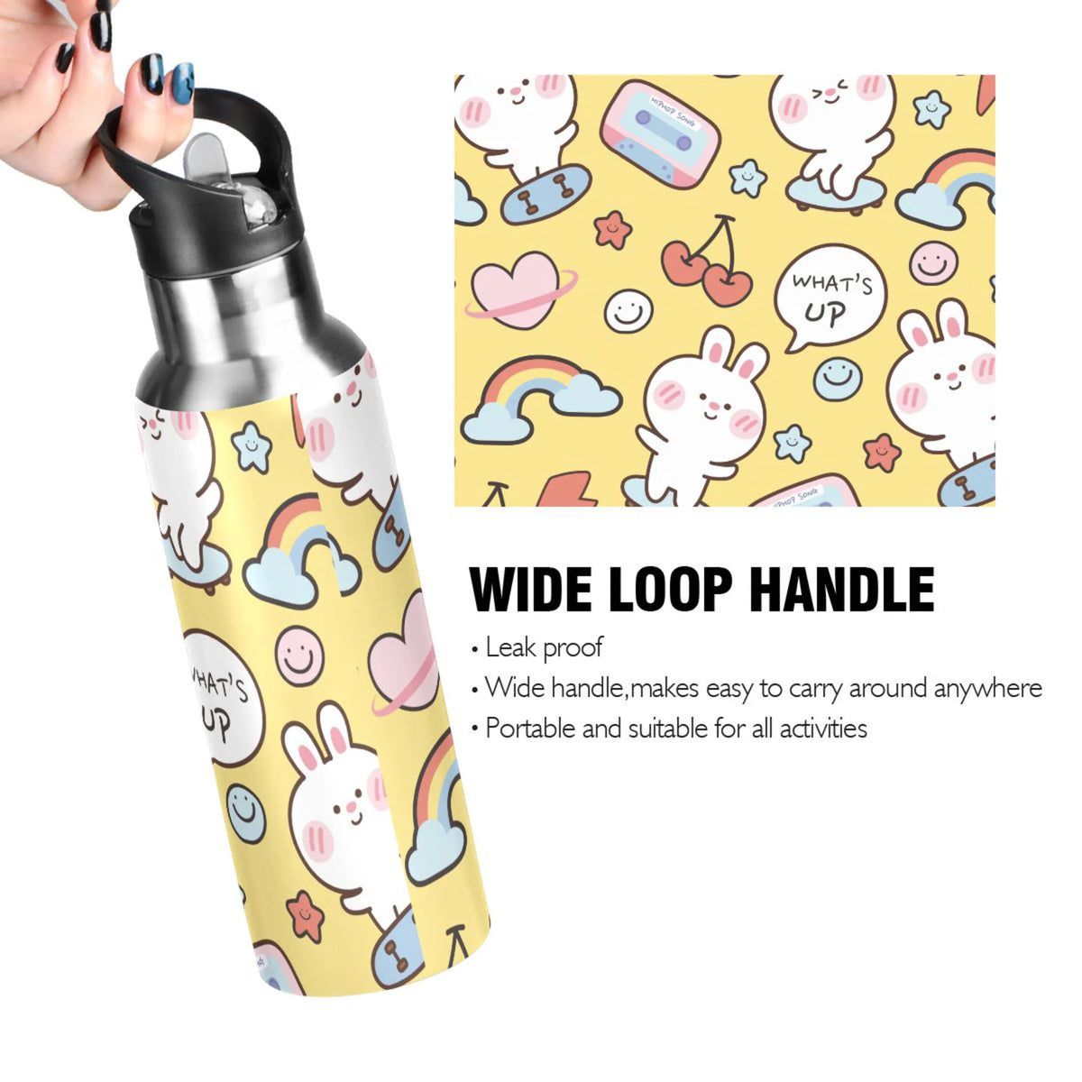 Stainless Steel Insulated Vacuum Flask Water Bottle with Straw Lid T8679