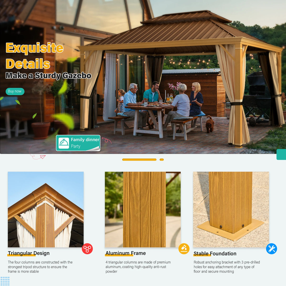 Brown Steel Frame Hardtop Gazebo with Curtains and Netting U677