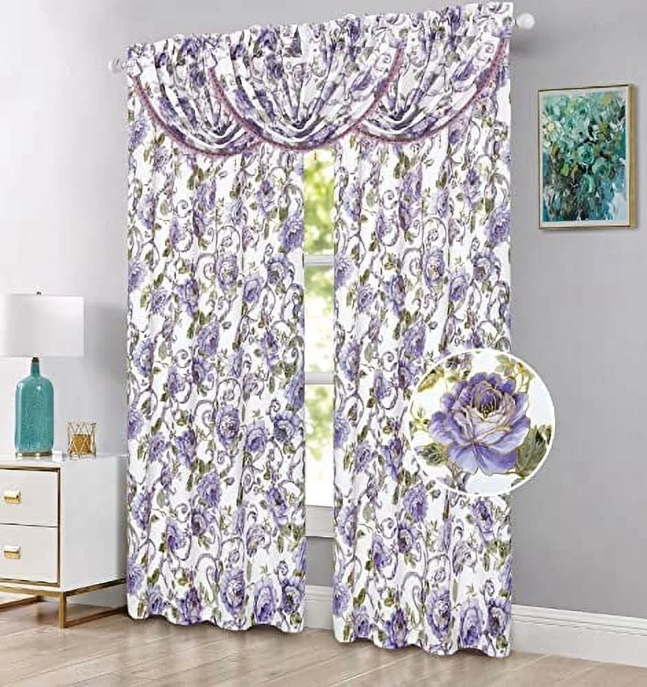 5 Piece Floral Blackout Curtain Set with Valances, 84" Long, Purple G7498