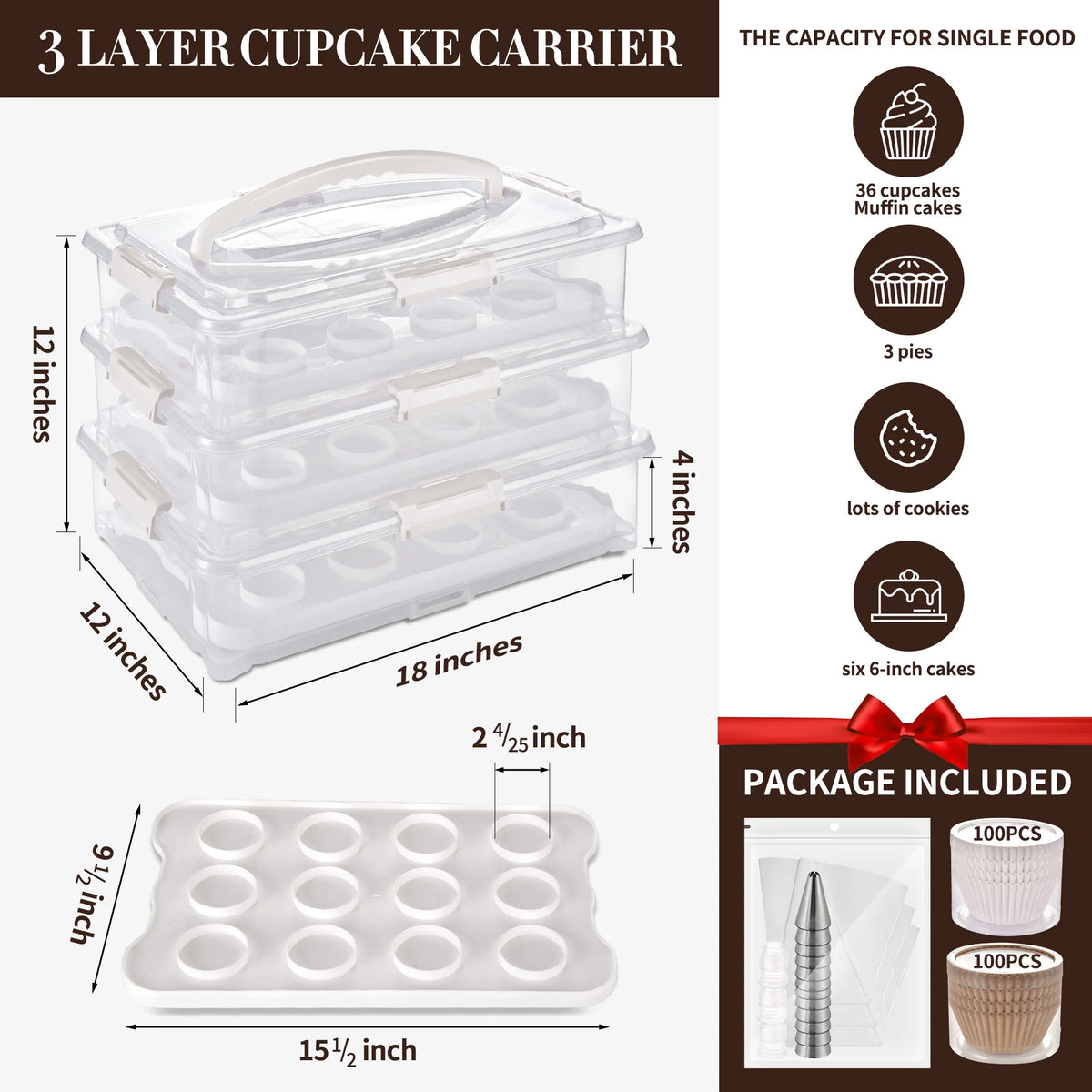 3-Tiers Cupcake Carrier White with Lid And Handle D827