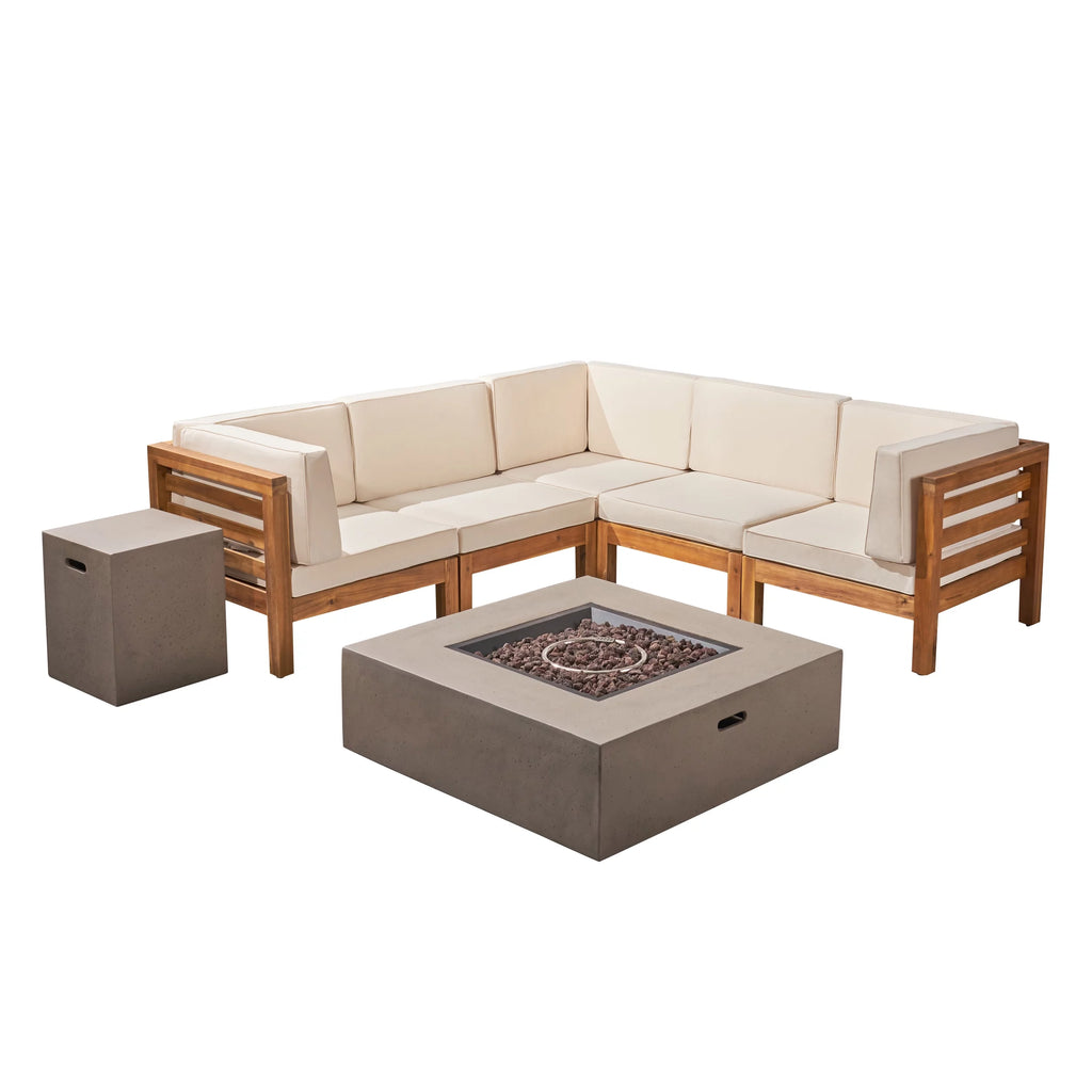 7 Piece Acacia Wood V-Shaped Sectional Sofa Set with Cushions and Fire Pit B991546