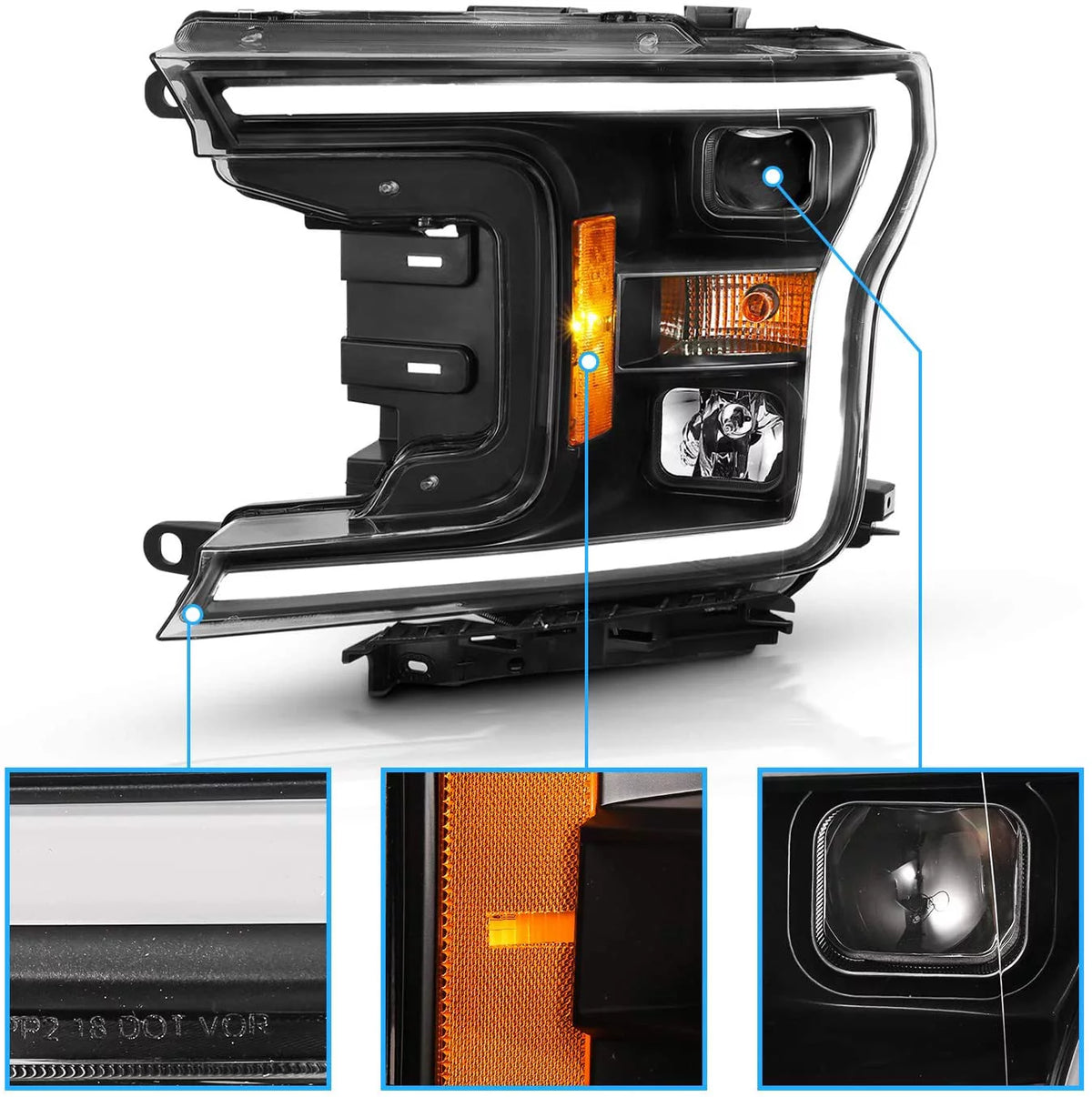 LED Ford F-150 Black Quad Projector Headlight Set L3718